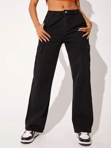 SHEIN Jeans con bolsillo con solapa con parche - Negro - Ver 4