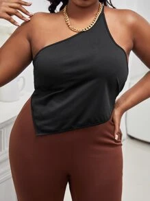 Maweii Plus Backless Knot One Shoulder Asymmetrical Hem Top - Black - View 1
