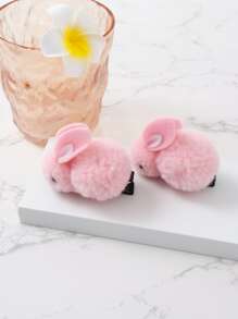 2入組毛茸茸兔子裝飾髮夾 - 粉色 - 查看 2