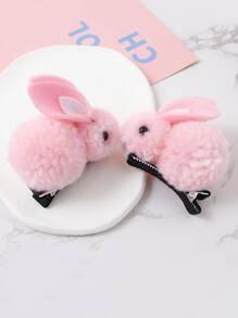 2入組毛茸茸兔子裝飾髮夾 - 粉色 - 查看 3