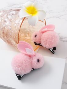 2入組毛茸茸兔子裝飾髮夾 - 粉色 - 查看 5