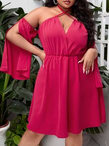 SHEIN Unity Đầm Plus Size Hội Chữ thập Chia màu trơn Gợi cảm - Màu Hồng Tươi - Xem 3