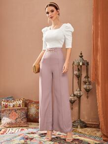 Modelyn Solid Pearl Beaded Wide Leg Pants - Dusty Purple - View 4