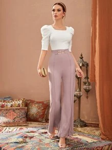 Modelyn Solid Pearl Beaded Wide Leg Pants - Dusty Purple - View 5