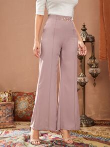 Modelyn Solid Pearl Beaded Wide Leg Pants - Dusty Purple - View 6