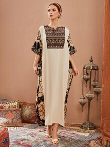 Al Najma Geo Graphic Notched Kaftan - Multicolor - View 1