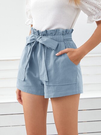 Paperbag Waist Slant Pocket Belted Shorts