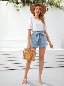 SHEIN Frenchy 紙袋型斜口袋腰帶短褲