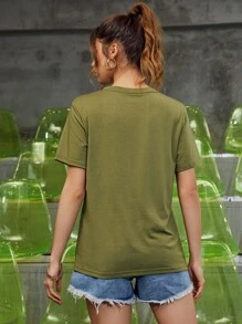 Letter & Floral Print Tee - Army Green - View 2