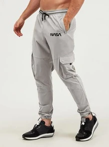 Manfinity 男士字母圖案翻蓋口袋抽繩下擺 - 灰色 - 查看 1