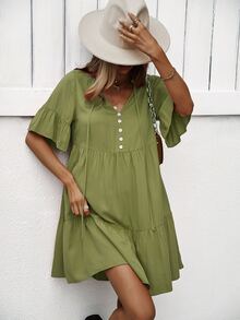 Đầm Viên lá sen màu trơn Dễ thương - xanh quân đội - Xem 7