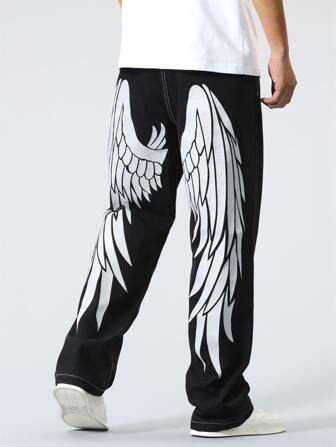 Guys Letter & Wings Print Straight Leg Jeans