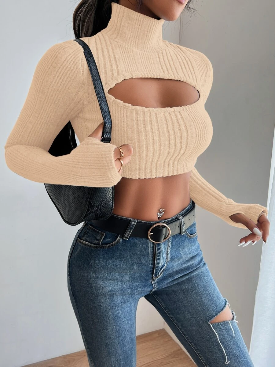 SHEIN Allurite Áo thun nữ Cắt ra Gân đan màu trơn Gợi cảm - Màu be - Xem 1