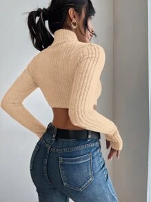 SHEIN Allurite Áo thun nữ Cắt ra Gân đan màu trơn Gợi cảm - Màu be - Xem 2