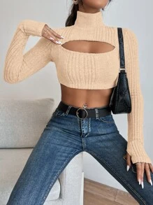 SHEIN Allurite Áo thun nữ Cắt ra Gân đan màu trơn Gợi cảm - Màu be - Xem 5