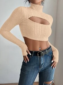 SHEIN Allurite Áo thun nữ Cắt ra Gân đan màu trơn Gợi cảm - Màu be - Xem 6