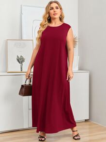 EMERY ROSE 大碼素色超長背心連衣裙 - 酒紅色 - 查看 1