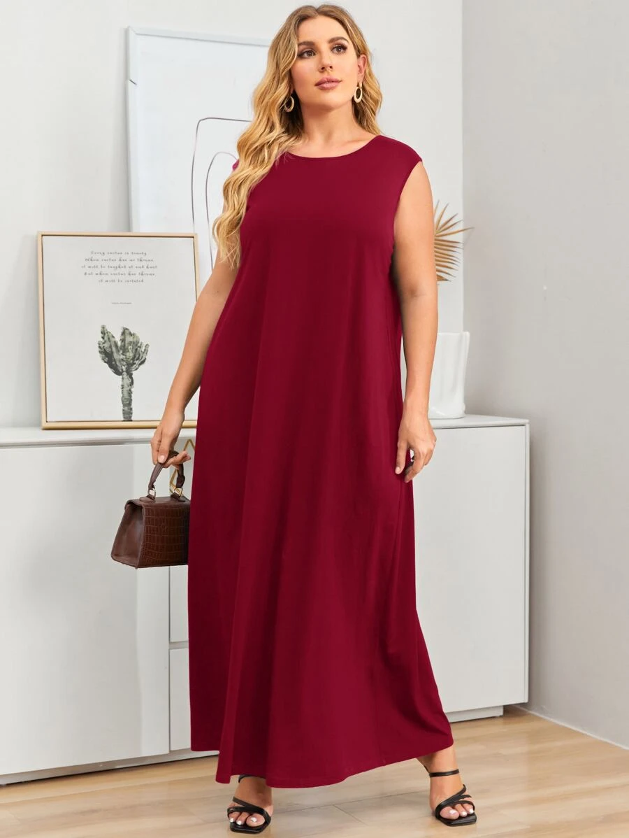 EMERY ROSE 大碼素色超長背心連衣裙 - 酒紅色 - 查看 1