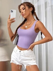 Ribbed Knit Scoop Neck Crop Tank Top - Lilac Purple - View 4