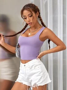 Ribbed Knit Scoop Neck Crop Tank Top - Lilac Purple - View 5