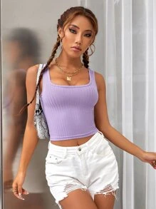 Ribbed Knit Scoop Neck Crop Tank Top - Lilac Purple - View 6