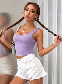 Ribbed Knit Scoop Neck Crop Tank Top - Lilac Purple - View 7