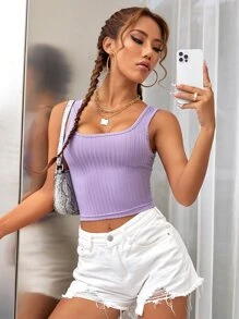 Ribbed Knit Scoop Neck Crop Tank Top - Lilac Purple - View 8