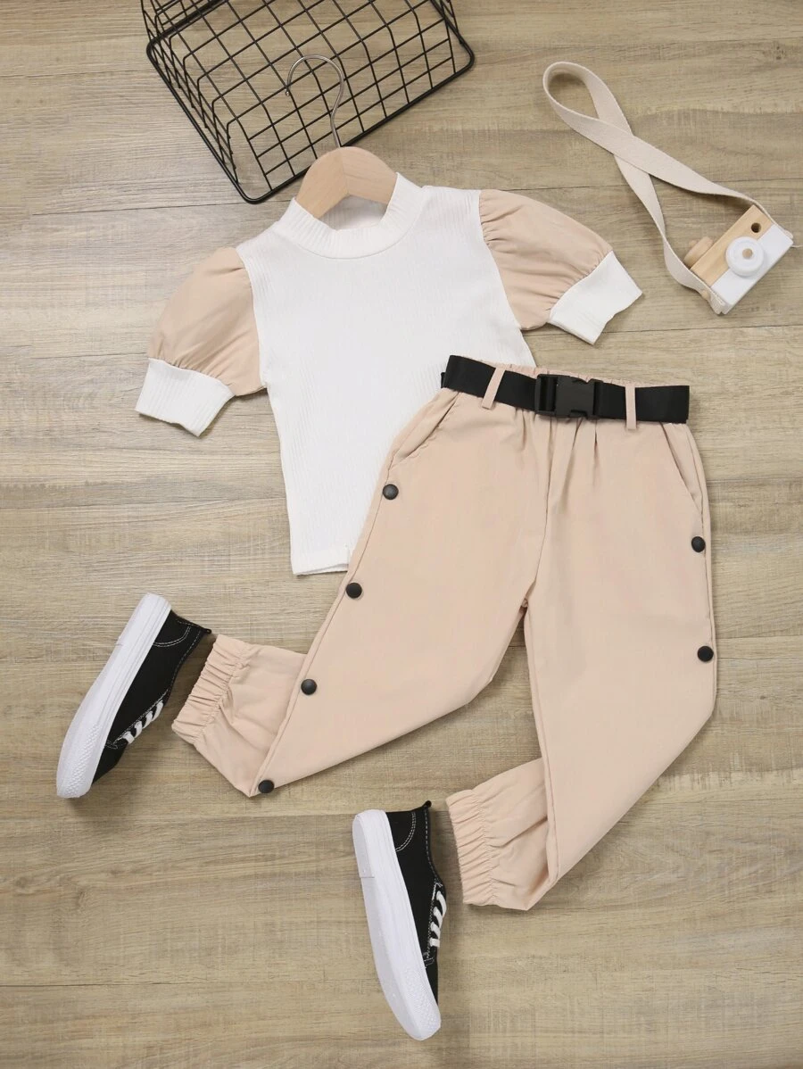 Toddler Girls Colorblock Puff Sleeve Tee & Fake Button Belted Pants