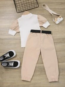 Toddler Girls Colorblock Puff Sleeve Tee & Fake Button Belted Pants