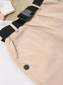 Toddler Girls Colorblock Puff Sleeve Tee & Fake Button Belted Pants