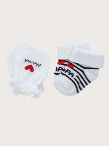 Bebé con estampado de corazón Guantes & de rayas Calcetines - Blanco y Negro - Ver 2