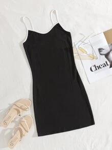 Contrast Binding Ribbed Knit Cami Dress - Black - View 1