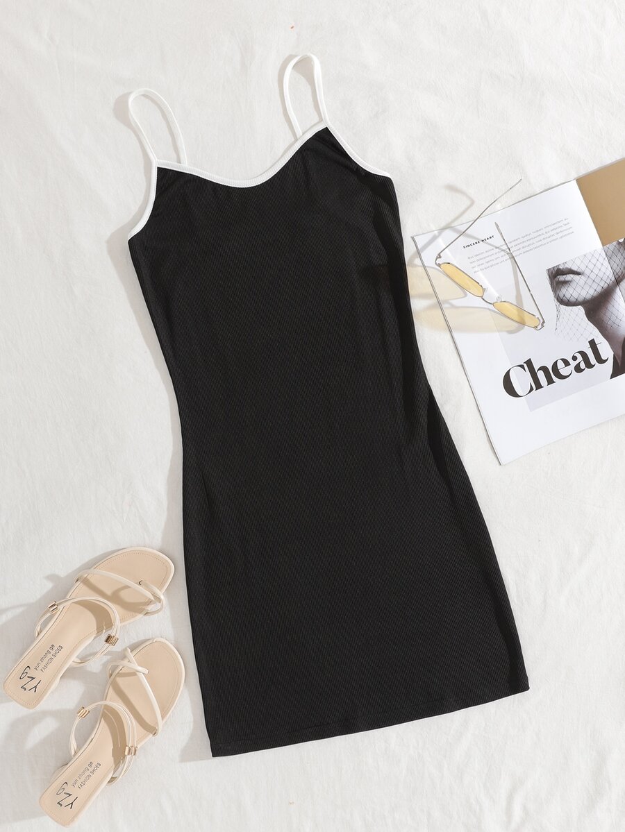 Contrast Binding Ribbed Knit Cami Dress - Black - View 1