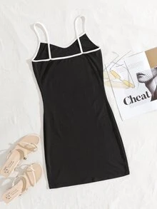 Contrast Binding Ribbed Knit Cami Dress - Black - View 2