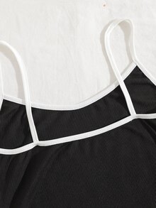 Contrast Binding Ribbed Knit Cami Dress - Black - View 3
