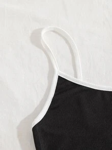 Contrast Binding Ribbed Knit Cami Dress - Black - View 5