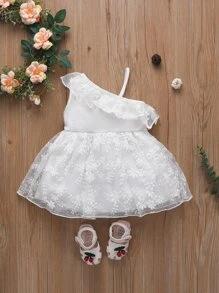 Bebé Vestido con bordado floral ribete con fruncido de cuello asimétrico de malla - Blanco - Ver 2