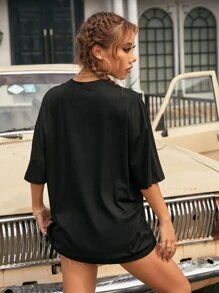 INAWLY Graphic Print Drop Shoulder Tee Graphic Tees Women Tops - Black - View 2