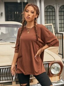 SHEIN EZwear 素色落肩T恤 - 咖啡棕 - 查看 1