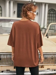 SHEIN EZwear 素色落肩T恤 - 咖啡棕 - 查看 2