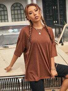 SHEIN EZwear 素色落肩T恤 - 咖啡棕 - 查看 3