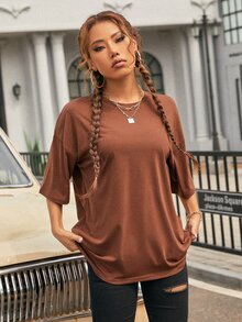 SHEIN EZwear 素色落肩T恤 - 咖啡棕 - 查看 4