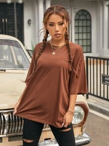 SHEIN EZwear 素色落肩T恤 - 咖啡棕 - 查看 5