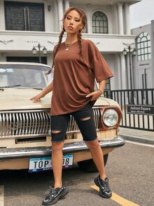 SHEIN EZwear 素色落肩T恤 - 咖啡棕 - 查看 6