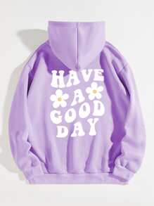 SHEIN EZwear Floral & Slogan Graphic Drawstring Thermal Lined Hoodie - Lilac Purple - View 1