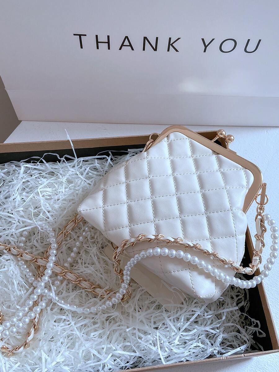 幾何格紋衍縫珍珠串珠裝飾水桶包 - 白色 - 查看 1