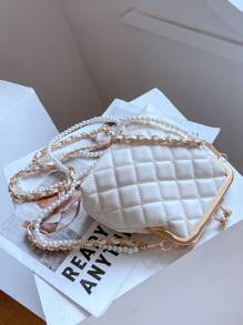 幾何格紋衍縫珍珠串珠裝飾水桶包 - 白色 - 查看 2