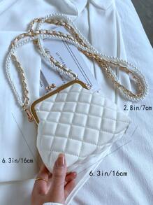 幾何格紋衍縫珍珠串珠裝飾水桶包 - 白色 - 查看 3