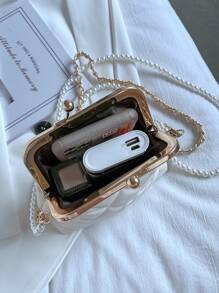 幾何格紋衍縫珍珠串珠裝飾水桶包 - 白色 - 查看 4