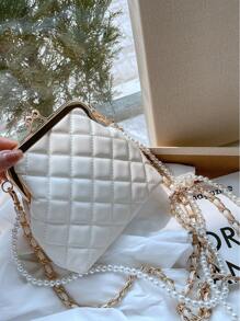 幾何格紋衍縫珍珠串珠裝飾水桶包 - 白色 - 查看 5